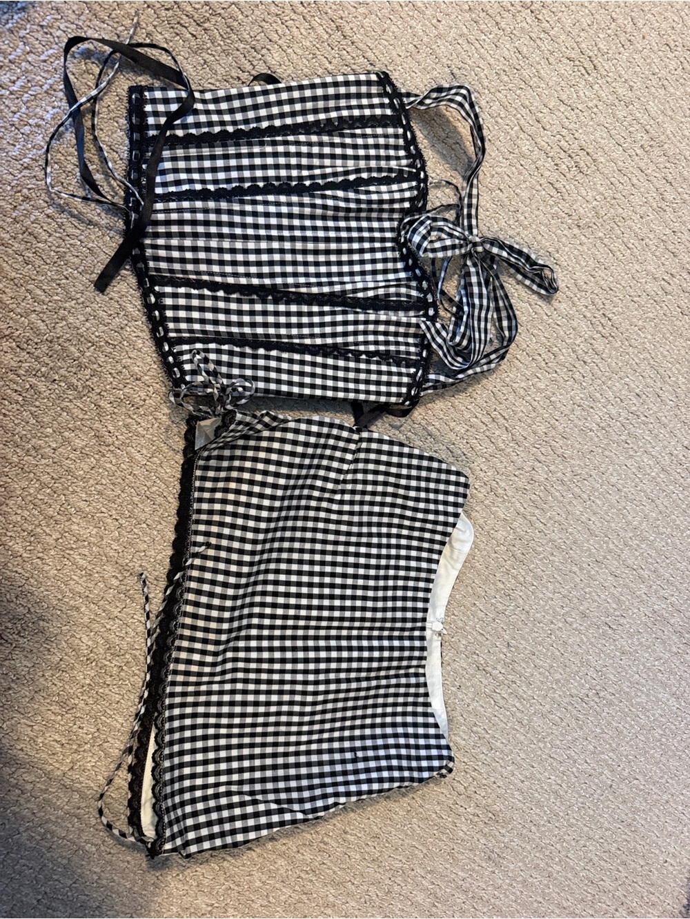 Danielle Guizio Black & White Gingham Ruched Side-Tie Mini Skirt & Corset Halter